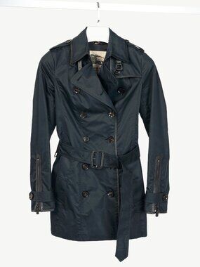 Burberry Black Cotton Leather-Trim Double-Breasted Belted Trench Coat